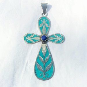 Vintage cross turquoise w/Lapis stone center etched silver pendant 3”